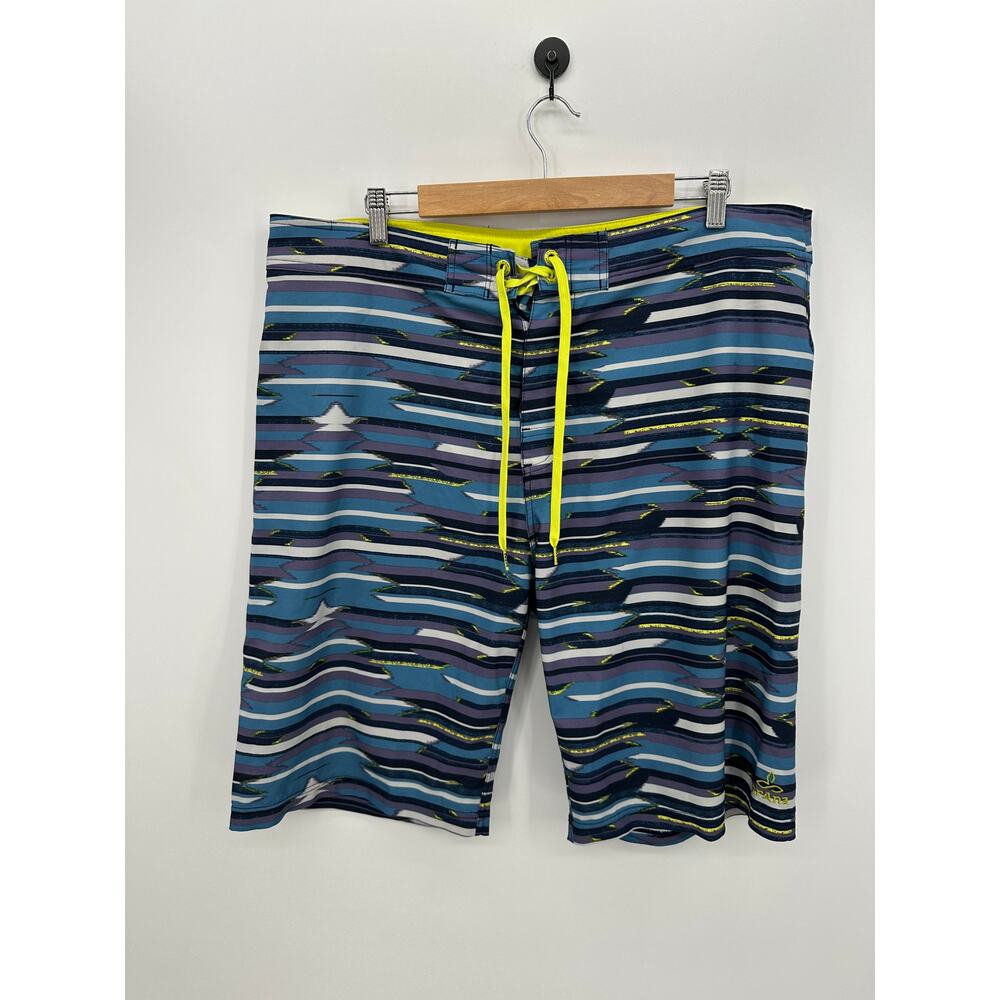 Prana‎ Blue Striped Board Shorts Men Sz 38 UPF 50 Swim Trunks Beach Vaca Cruise